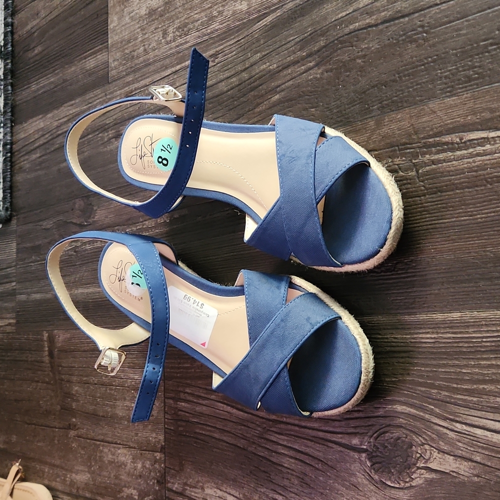 Blue low wedge sandals